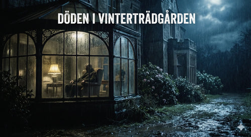 Mörk herrgård i regn där en man sitter död i en upplyst vinterträdgård, scen ur mordgåtespelet Döden i Vinterträdgården.