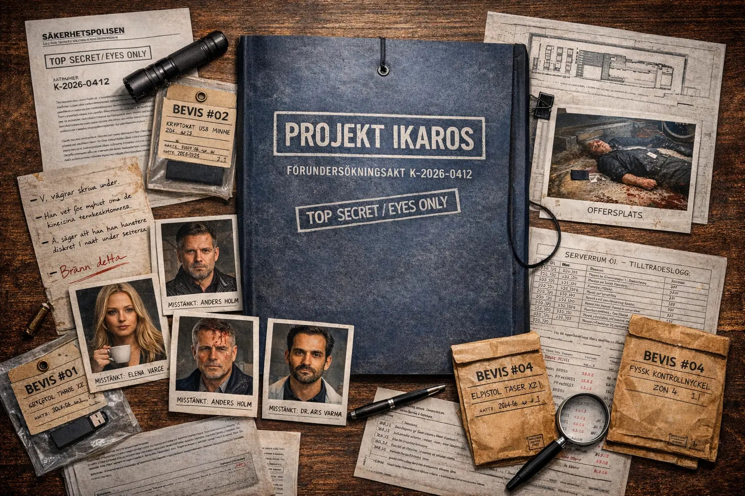Utredningsmaterial från mordgåtespelet Projekt Ikaros med sekretessmärkt akt, bevis, foton på misstänkta, USB-minne och brottsplatsbilder.