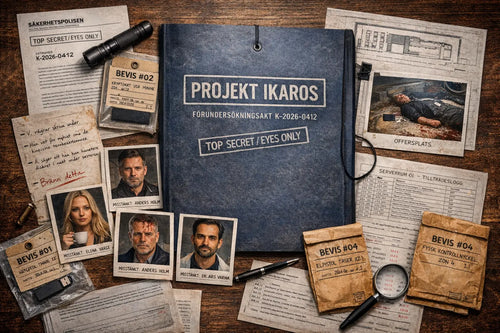 Utredningsmaterial från mordgåtespelet Projekt Ikaros med sekretessmärkt akt, bevis, foton på misstänkta, USB-minne och brottsplatsbilder.