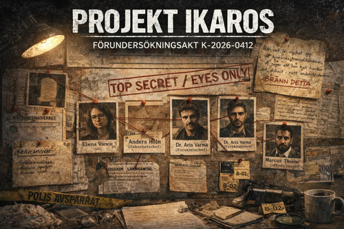 Anslagstavla med misstänkta, dokument och bevis sammanlänkade med trådar i mordgåtespelet Projekt Ikaros, märkt Top Secret och förundersökningsakt.