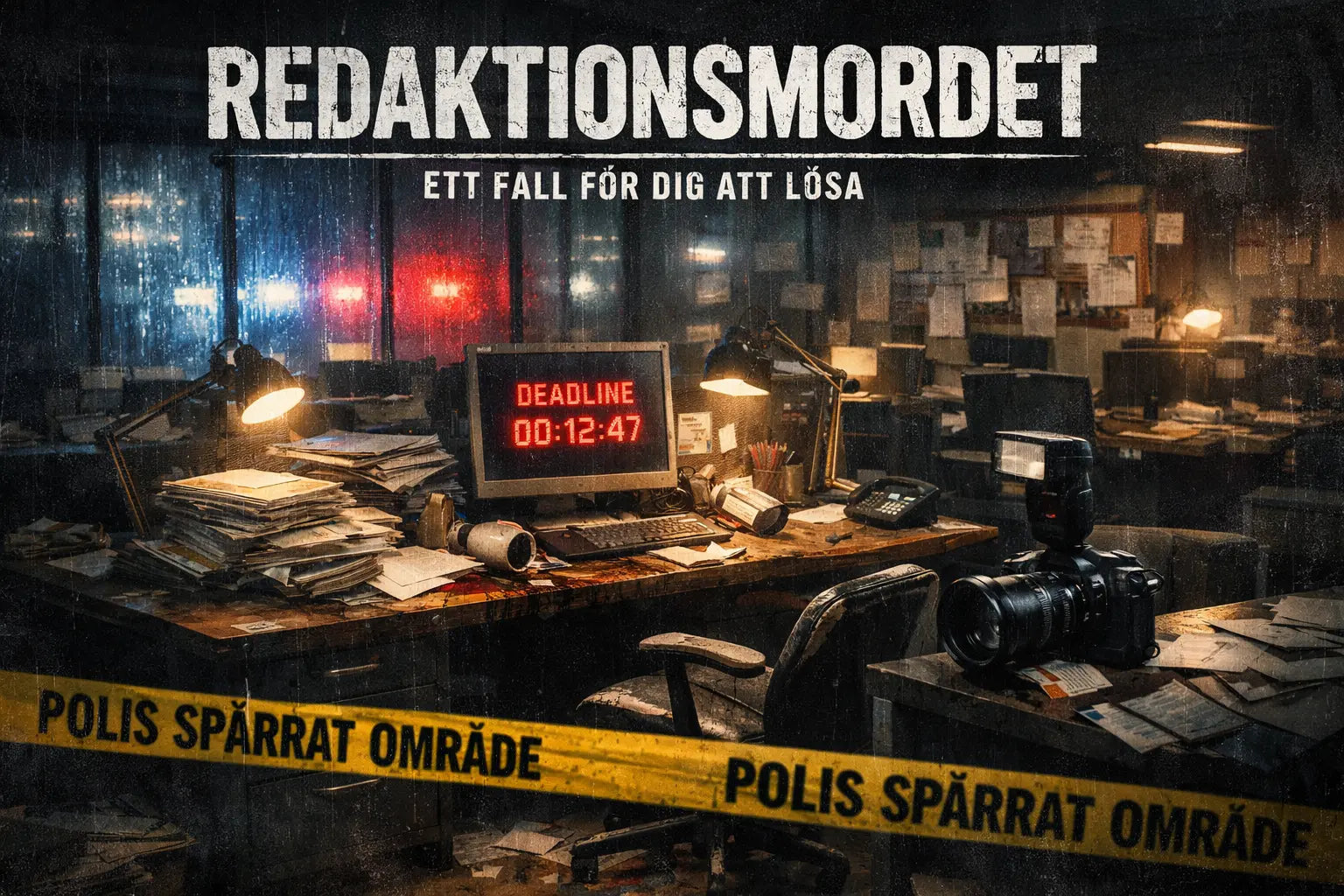 Mörk redaktionslokal avspärrad av polis med skrivbord, dokument, kamera och nedräkning på skärm, scen ur mordgåtespelet Redaktionsmordet.