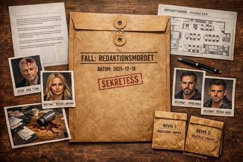 Utredningsmaterial från mordgåtespelet Redaktionsmordet med sekretessmärkt akt, misstänktporträtt, redaktionskarta, dokument och bevis på skrivbord.